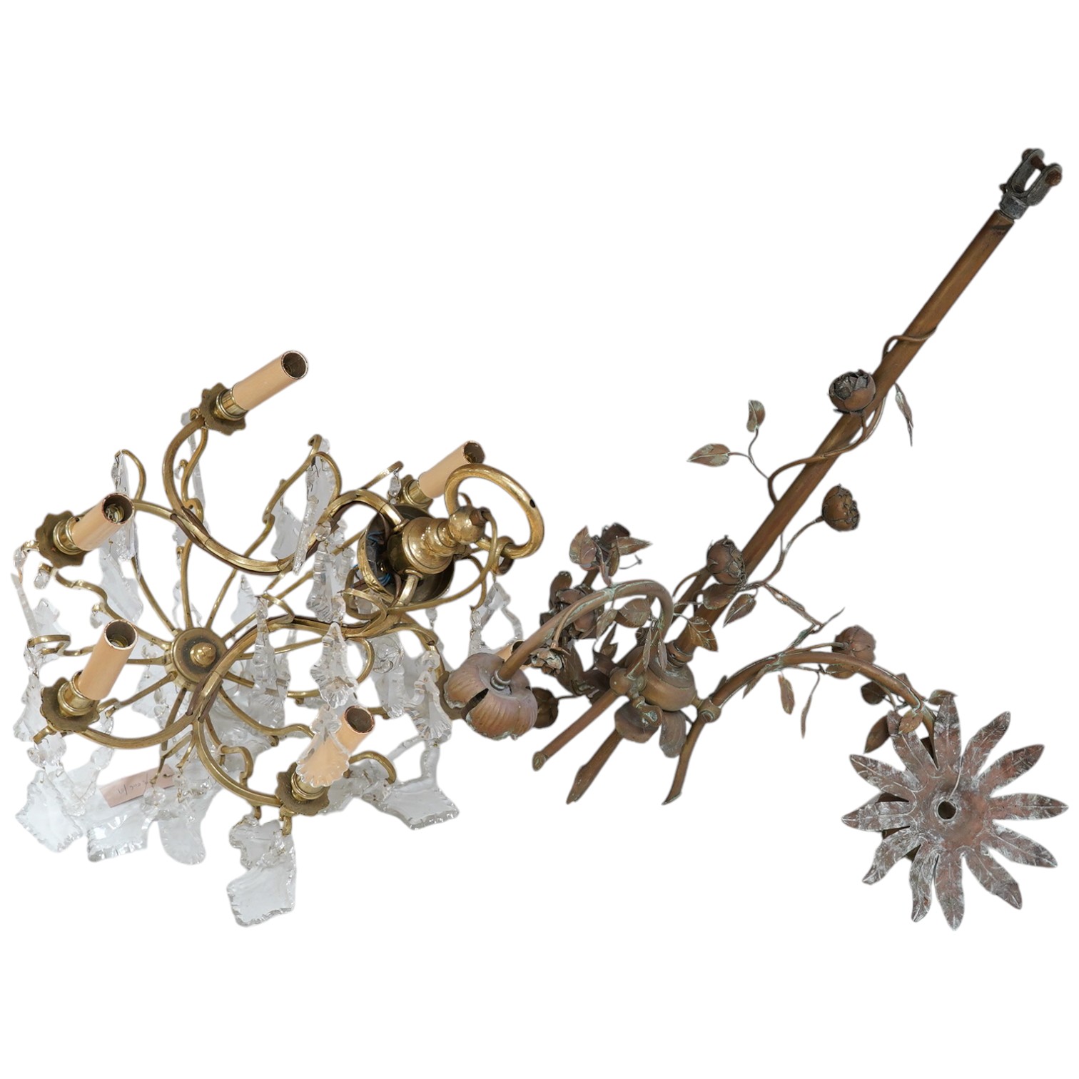 A six light and six branch brass and glass chandelier together with a three branch ornate floral hanging light, longest approximately 66cm. Condition - good